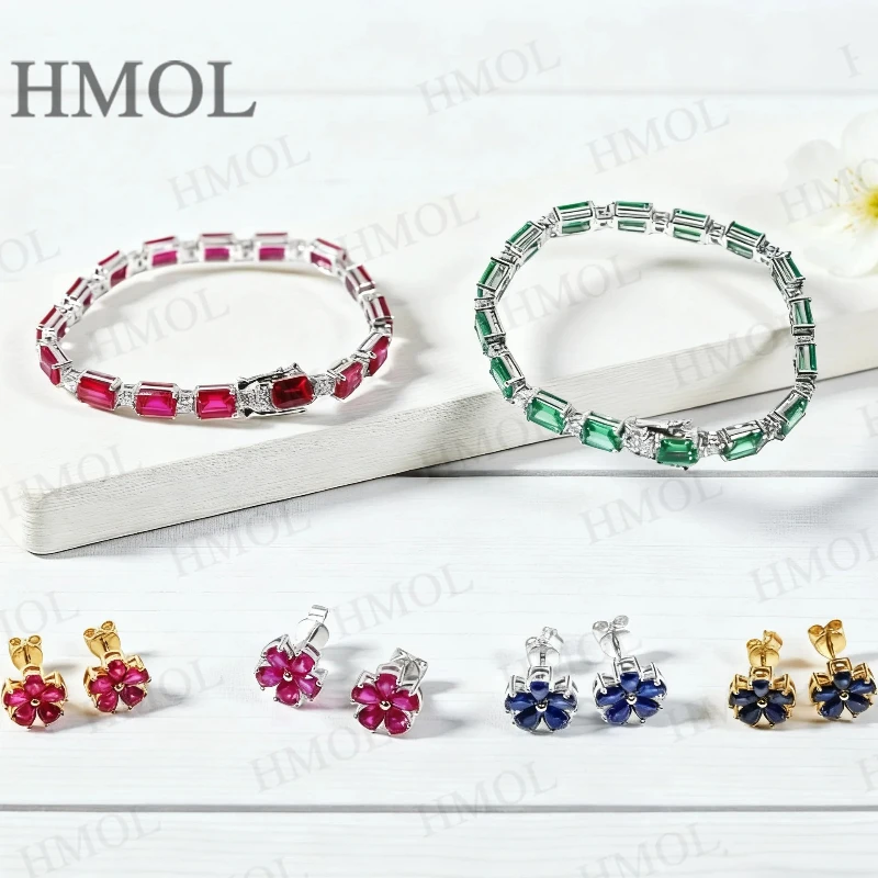 

Lab Grown Gemstones Earrings&Tennis Bracelet with Ruby Sapphire Colombian for Women Five-petal Ear Studs Unisex Bracelet Daily