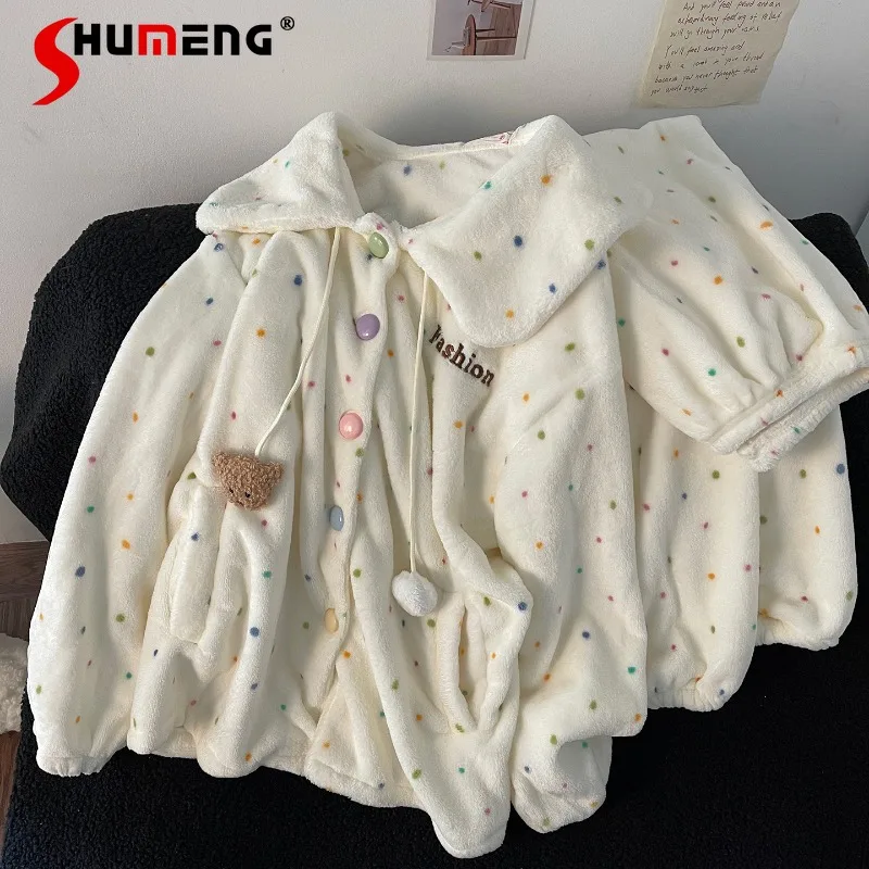 

Colorful Polka Dot Pajamas Set for Women New Winter Cute Thickened Warm Loungewear Female Sweet Fleece Homewear Suit