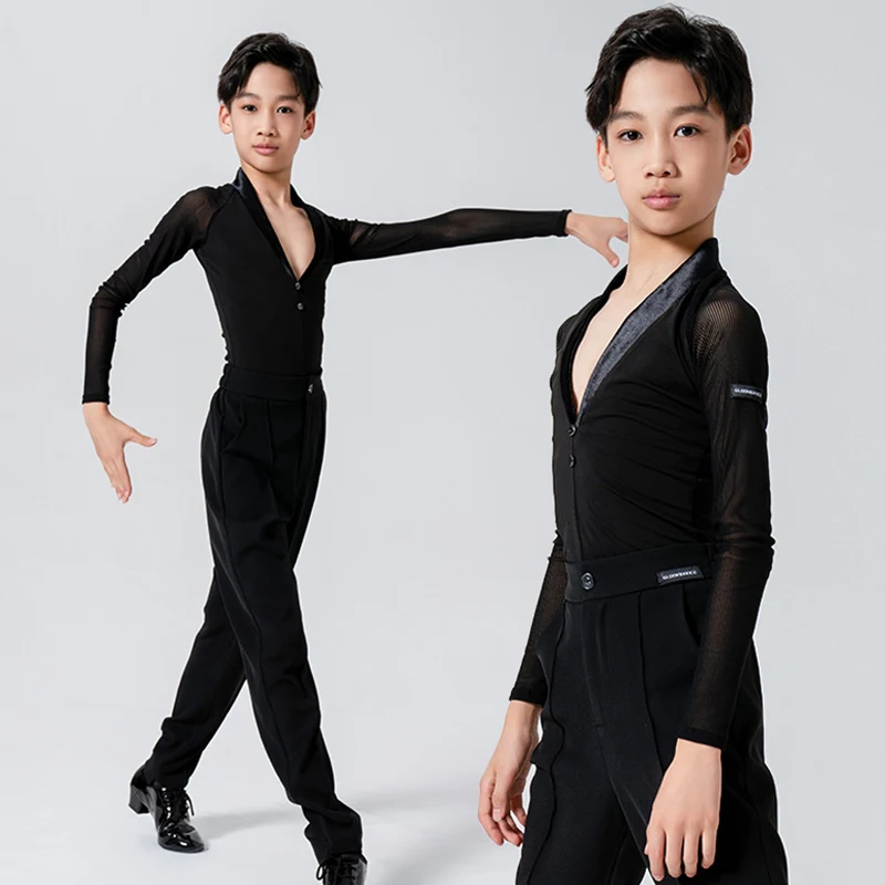 

New Boys Latin Dance Costume V-Neck Long Sleeve Shirt Pants Ballroom Dance Competition Clothes Tango Dance Outfit Tops VDL1512