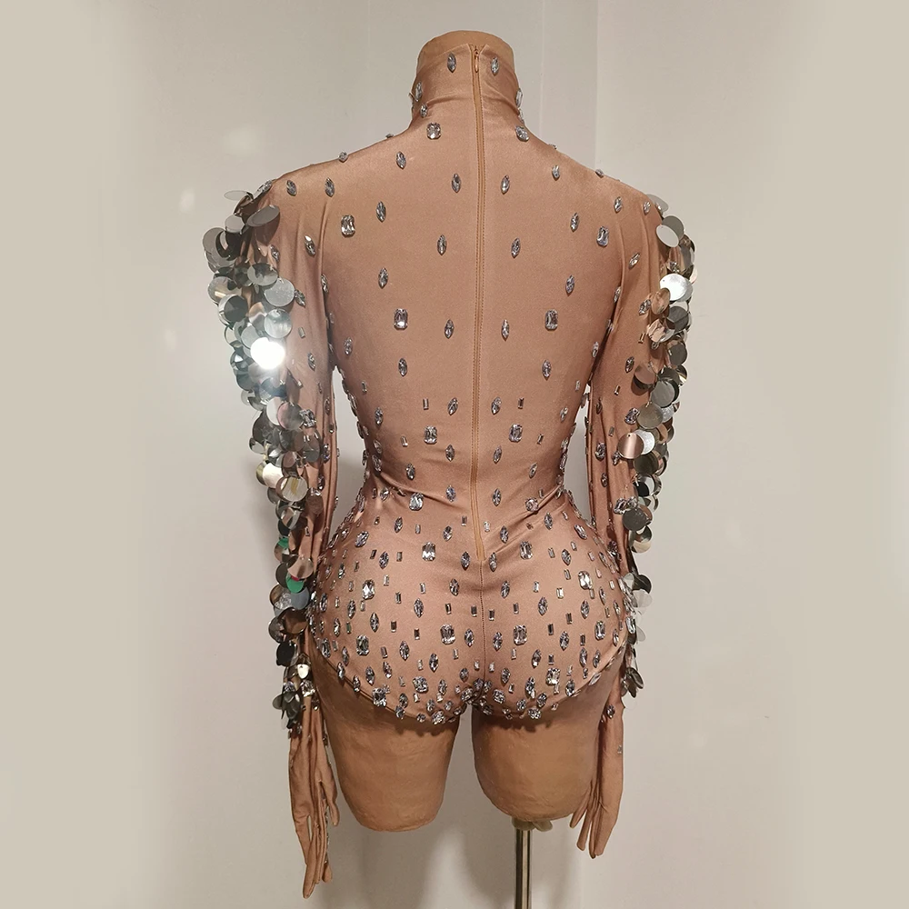 Rhinestone Bodysuit Silver Big Sequin Long Sleeve High Neck Leotard Nightclub Rave Party Latin Dance Stage Performance Costume
