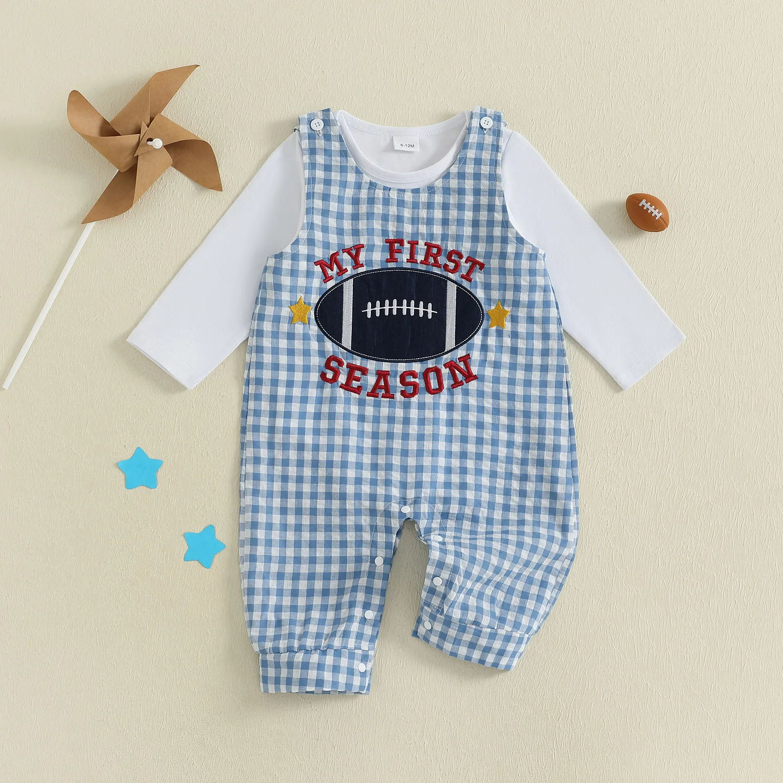 

2025-05-07 Lioraitiin Baby Boy Football Outfit Solid Long Sleeve Romper Rugby Embroidered Plaid Overall Pants Set