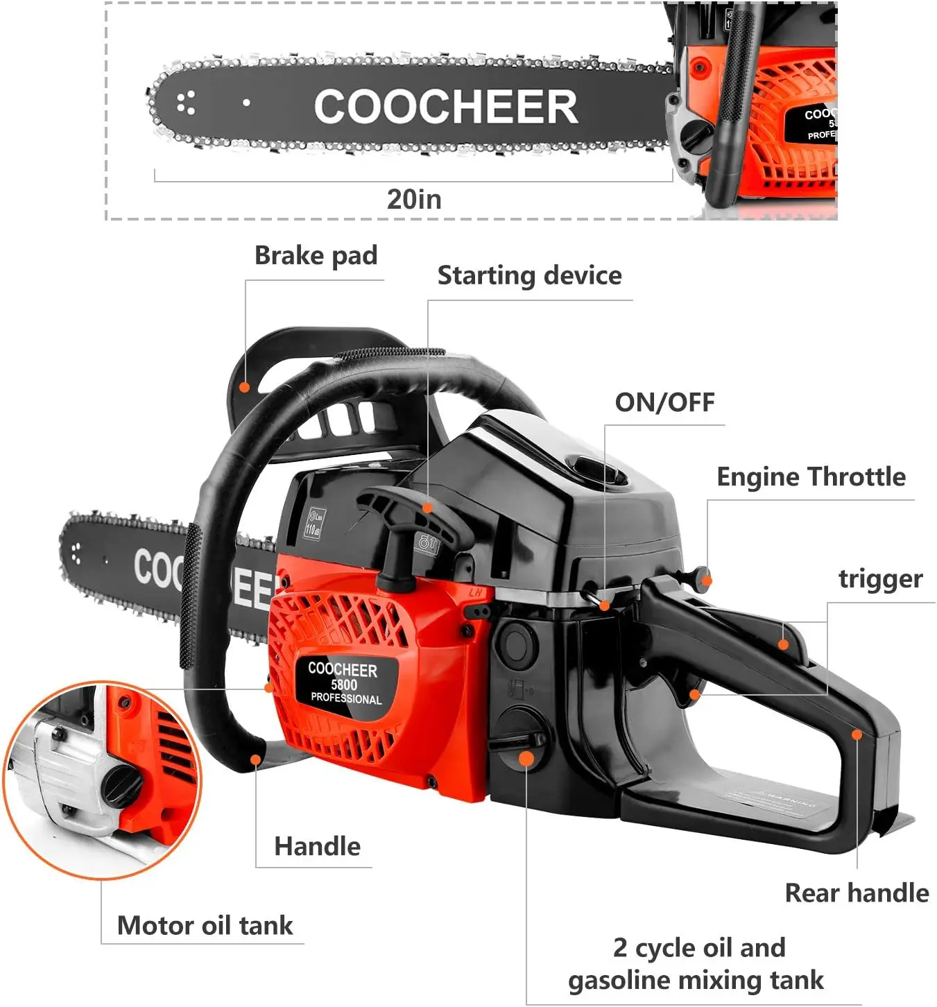 Coocheer 62Cc Gas Powered Chain Saws, 20Inch 3.5Hp 2-Stroke Gasoline Chain Saw With For Tree Stumps, Limbs, Tree Felling, And