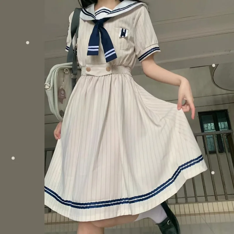 

Retro Stripe Summer 2024 Sweet Pullover Scarf Collar Panel Button Fashion Solid Casual Versatile Slim JK Short Sleeve Dress