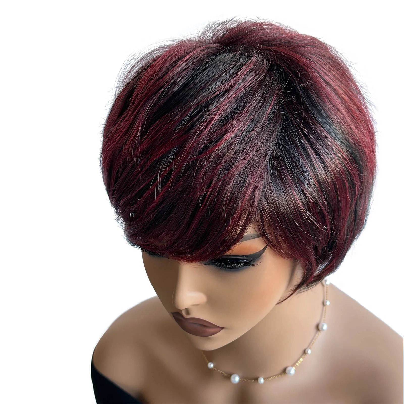 Bchr Korte Pixie Cut Pruiken Bordeauxrode Pruiken Met Pony Voor Vrouwen Synthetisch Haar Pruik