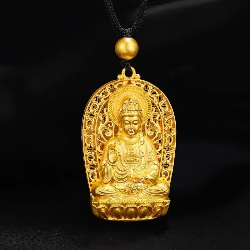 

Guanyin Pendant 24K Genuine Gold Avalokitesvara Bodhisattva Pendant 9999 Retro Mansion Buddha Statue Body Protecting Lotus