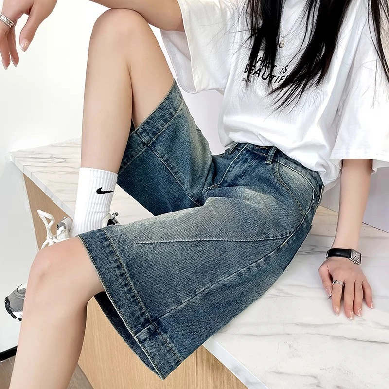 

Women's Vintage Blue Knee Length Jeans Cool Girl Retro Denim Cropped Trousers Female Summer High Waist Capris Pants