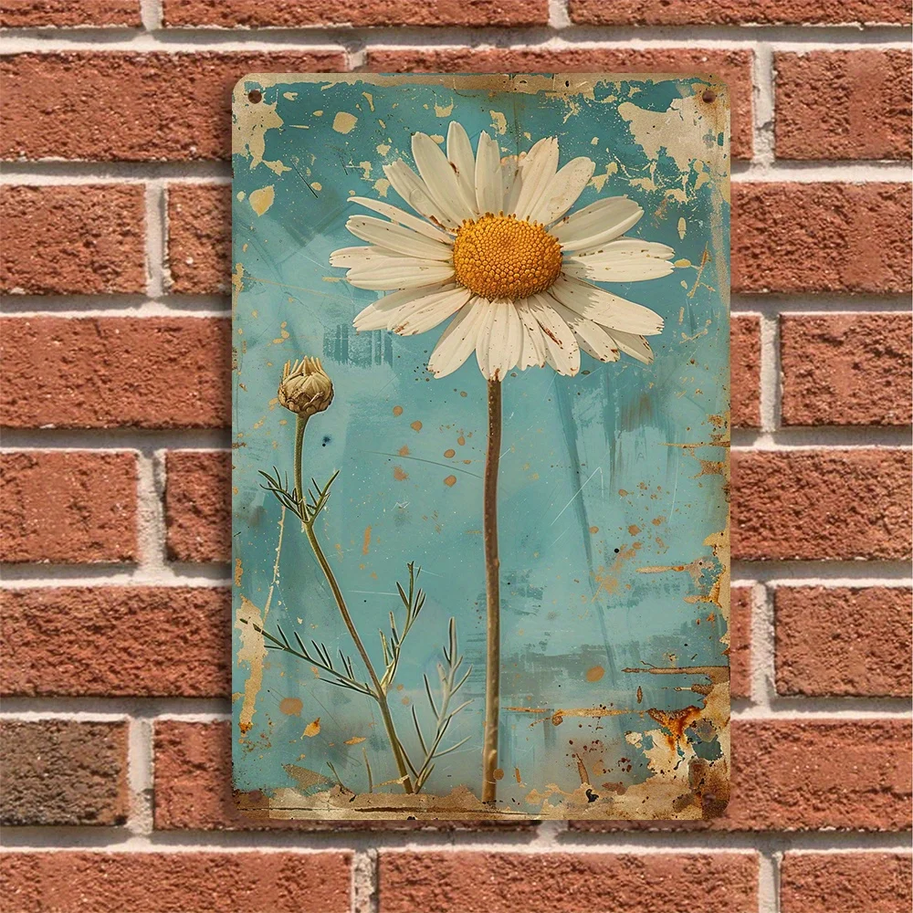 1pc vintage branco margarida placa de metal ferro rústico decoração da arte da parede placa vintage para casa e decoração do jardim 8x12 polegadas