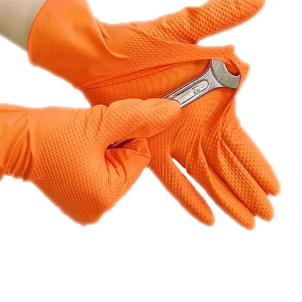 Heavy Duty Orange Nitrile Gloves 8Mil Industrial Disposable Gloves for Mechanic Safety & Work Gloves with Diamond Textured Grip