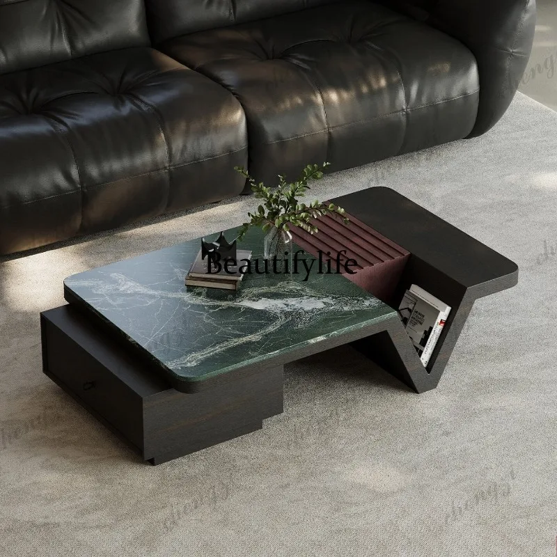 Italian minimalist retractable coffee table rectangular natural stone marble light luxury high-end living room