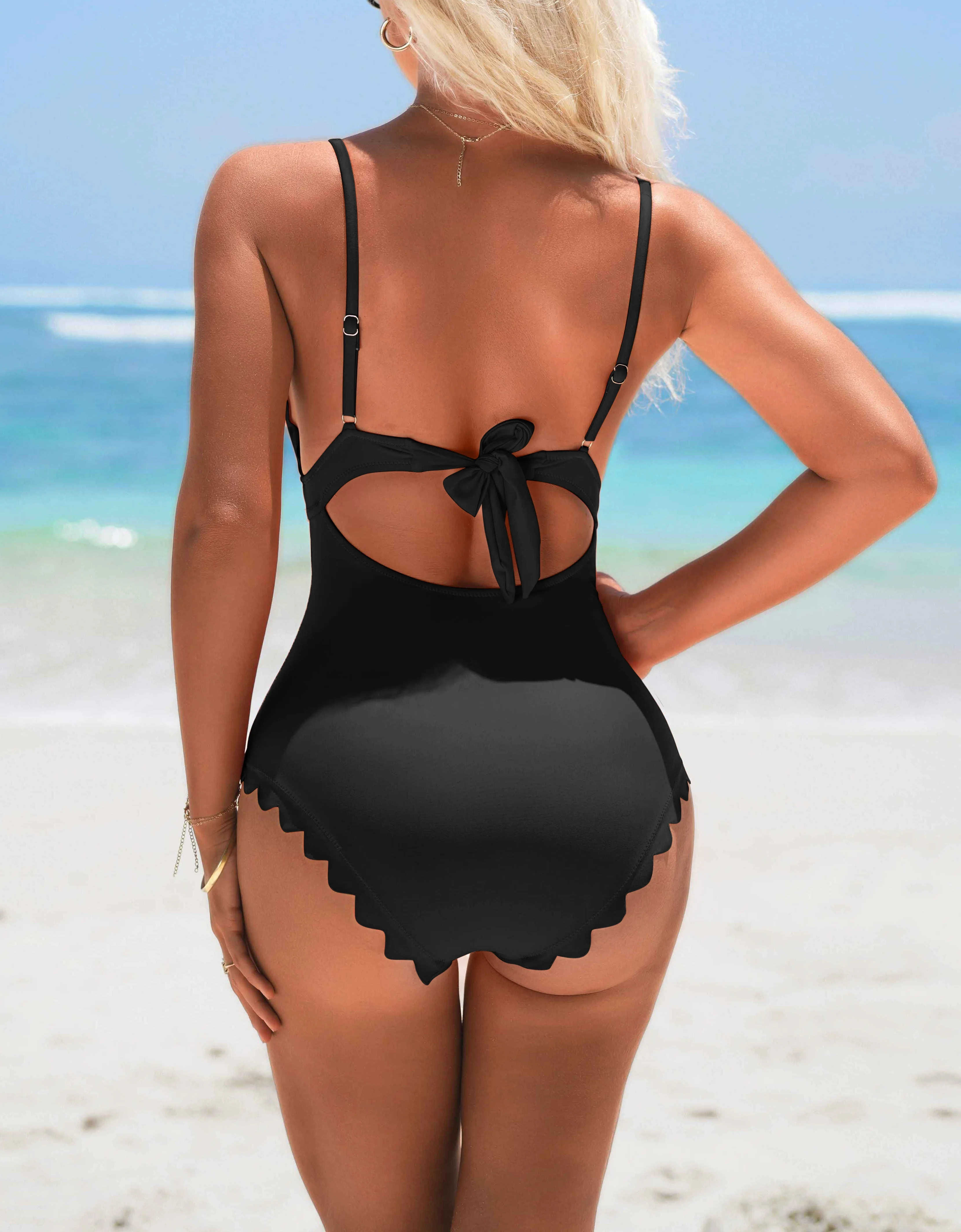 Anfilia Women Fashion One-Piece Swimsuit Solid Scalloped Trim High Elastic with Removable Padded Bathing Suit Sexy Swimwear