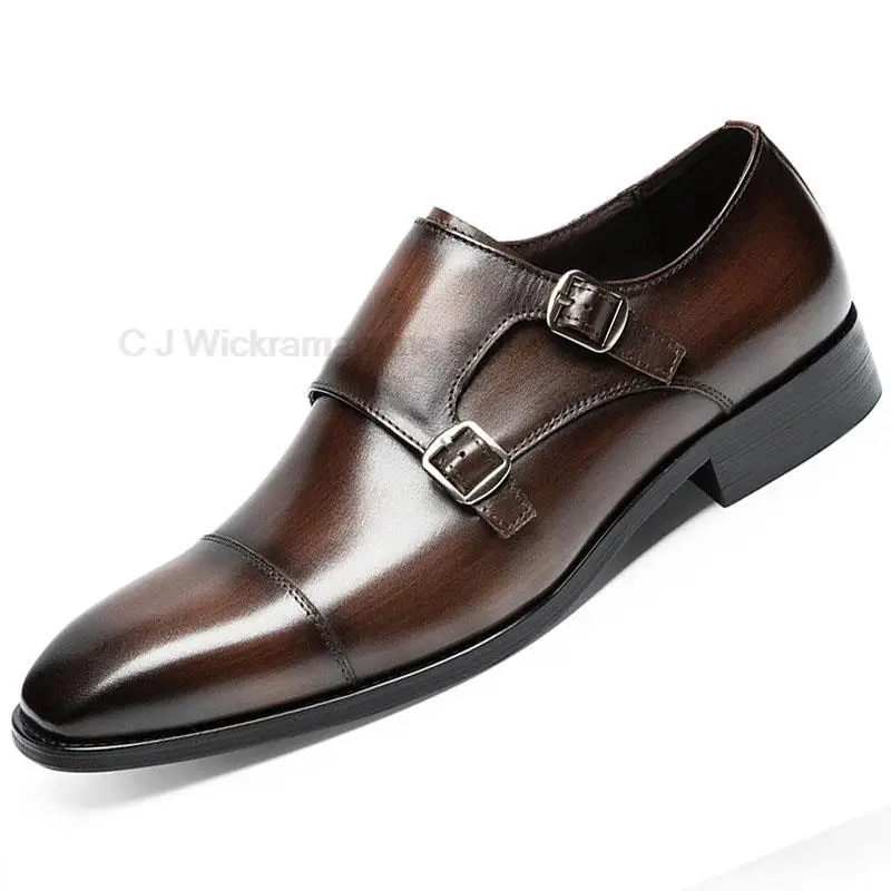 HKDQ Mens Oxford Shoes Genuine Leather Casual Shoes Cap Toe Double Buckle Monk Strap Classic Dress Shoes Black Brown Shoes Men