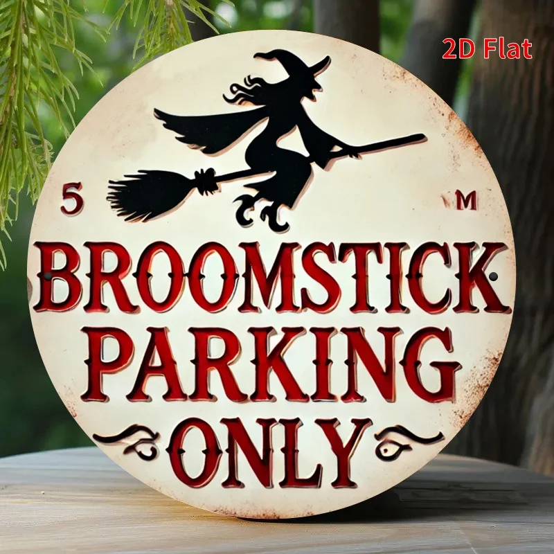 2D Flat, Halloween Witch Flying Parking Sign - with Broomstick - Funny Witch Design - Red & Black Decoration - Flat Printed Meta