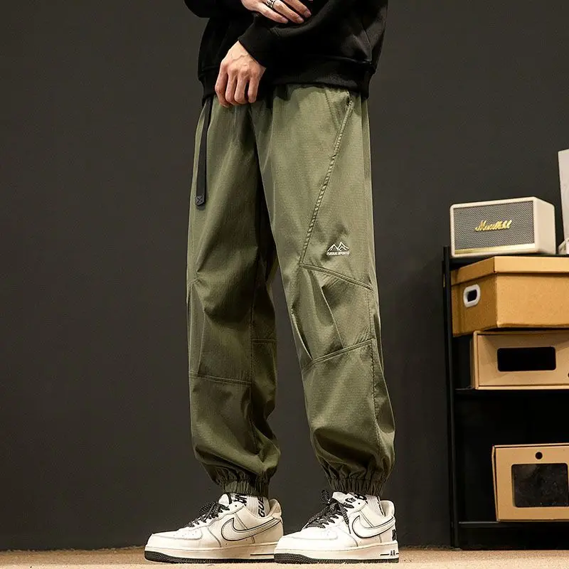 Pantalones Cargo de estilo japonés plisados para hombre, ropa informal sólida, cintura elástica, bolsillos con cordón, pantalones sueltos, primavera y otoño, nueva moda