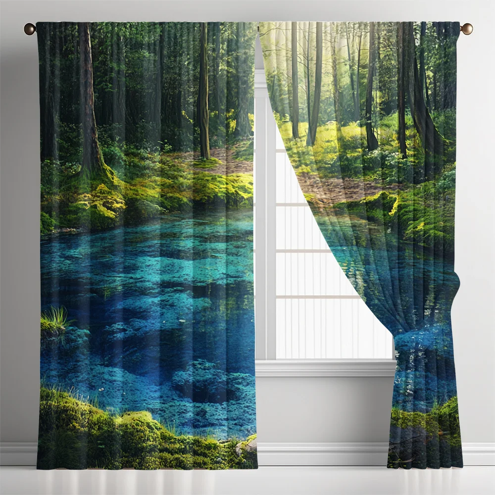 Serene Forest Lake Curtains Set of 2 – Crystal Blue Water, Mossy Banks & Sunlight Rays, Rod Pocket Light Filtering Drapes