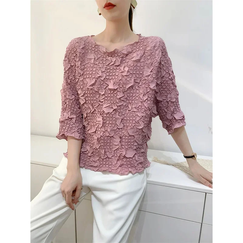 Miyake Pleated Tops for Women 2024 Summer Fashion Loose Large Size Embroidered Hand-pleated Pullover Bat Sleeve T-shirt Women