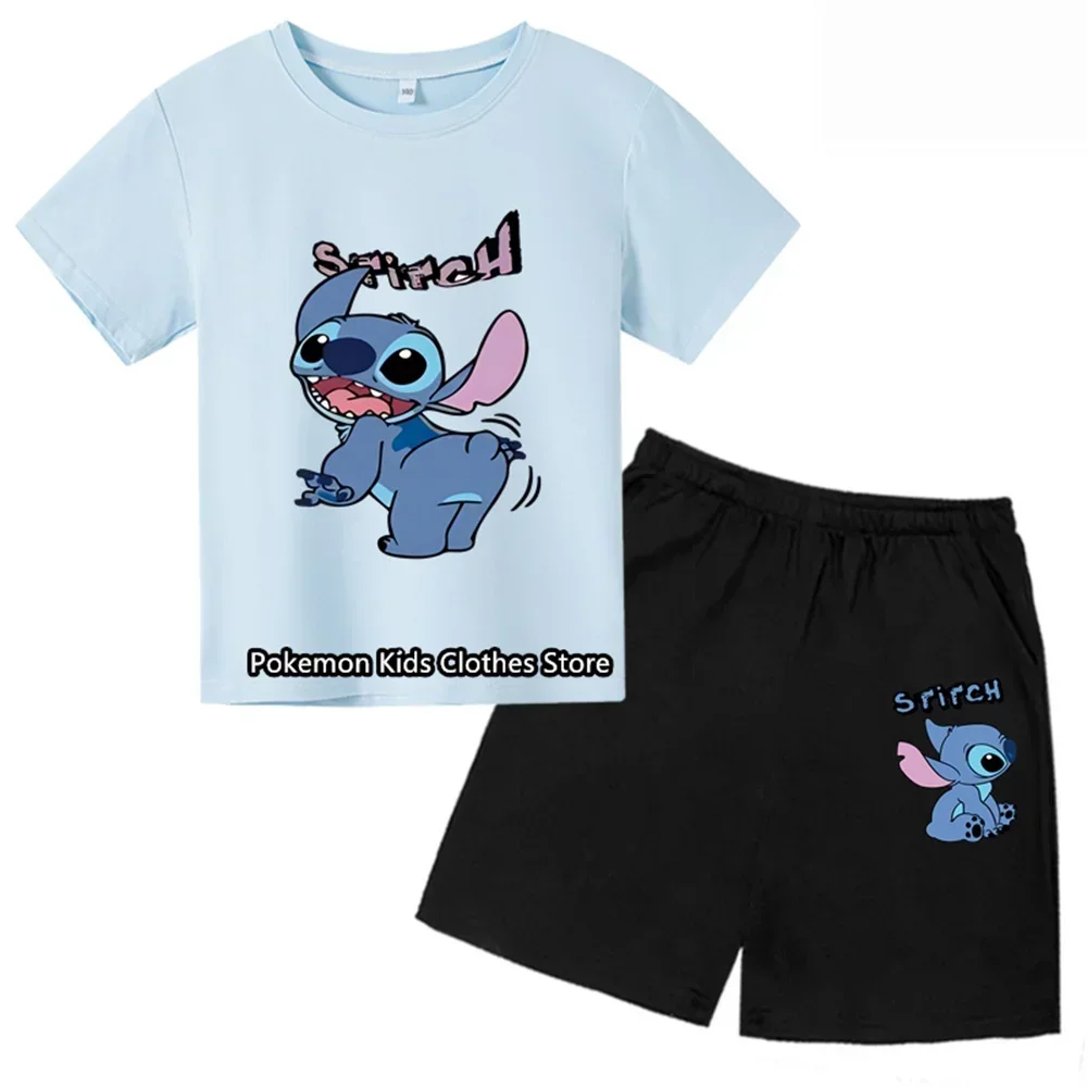 2024 Summer Lively Stitch Children's boy Two-piece T-shirt set Round Neck Casual Short Sleeve Girl Short sleeve shorts