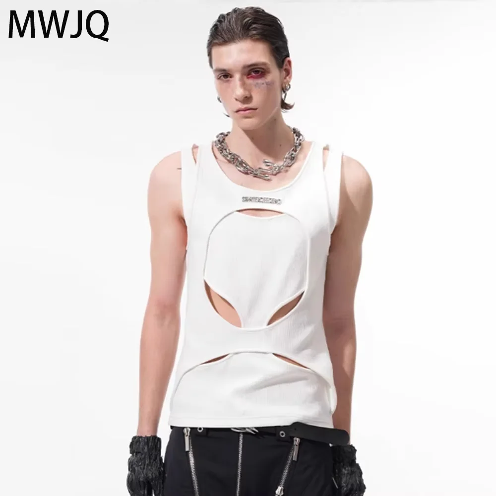 

MWJQ Deconstruction Hollow Threaded Male Vest High Street Niche Design Round Collar Simple Trend Men Tops 2025 Summer 010313