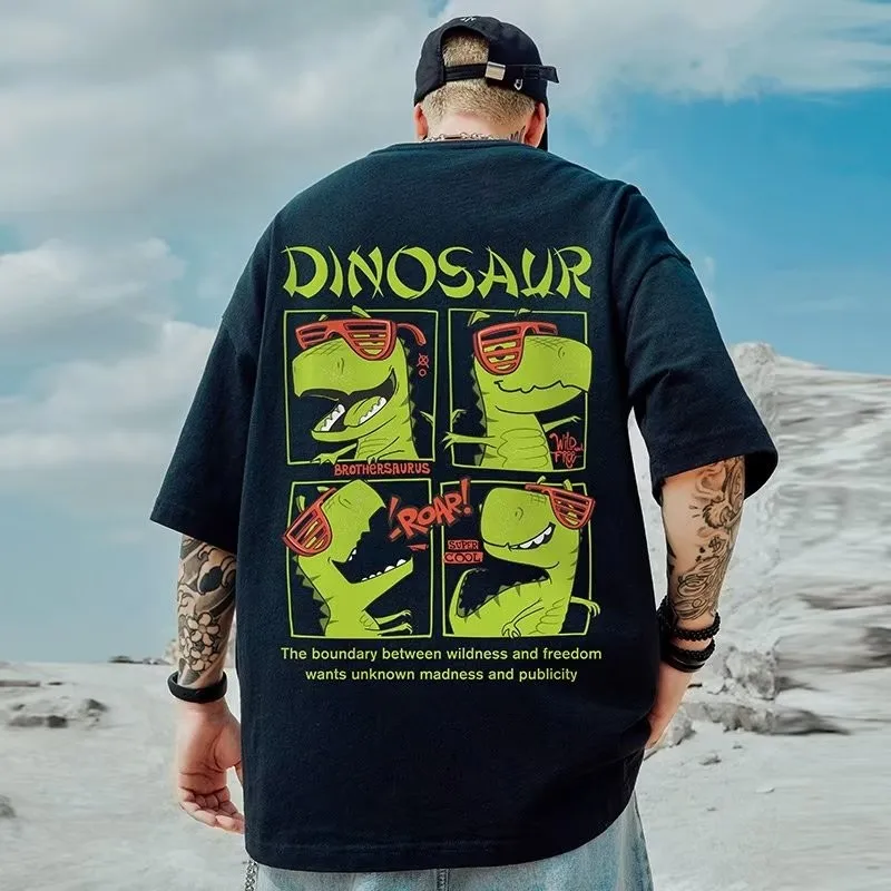 

【M-8XL】Мужские футболки, хлопковый пуловер, футболка большого размера с короткими рукавами, большие размеры, футболки с принтом динозавров в гонконгском стиле