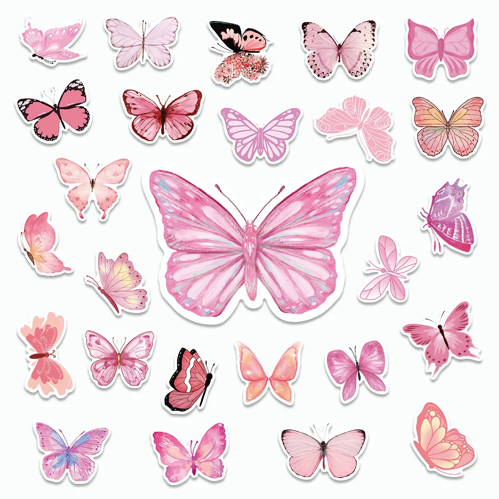 

50PCS Retro Pink Butterfly Stickers Cartoon INS Style Aesthetics Decals For Laptop Refrigerator Scrapbook Skateboards Stickers