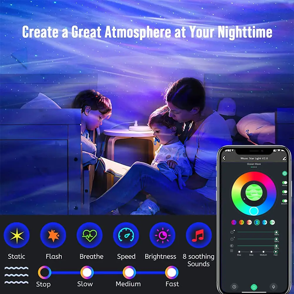 Imagem -04 - Night Light Aurora Projetor com Controle Remoto Alto-falante Bluetooth Ruído Branco Quarto Decoração Crianças Estrela Casa