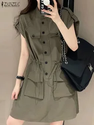 ZANZEA Fashion Summer Overalls Dress Women Short Sleeve Button Up Sundress Drawstring Waist Mini Dress Cargo Vestidos Streetwear