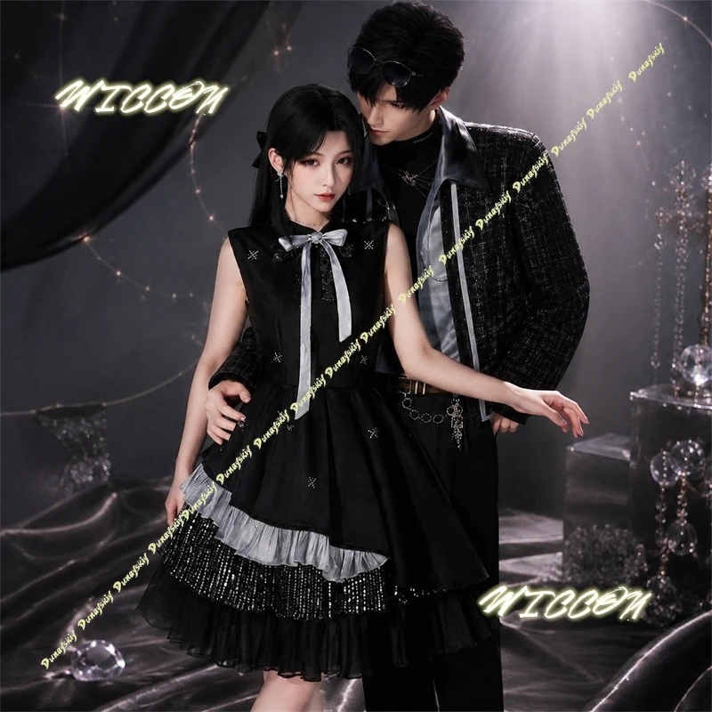 Disfraz Colorido de la Heroína del Juego de Anime Love And Deepspace, Vestido Negro Elegante Sin Mangas, Peluca Negra Larga y Lisa, Cosplay de Halloween