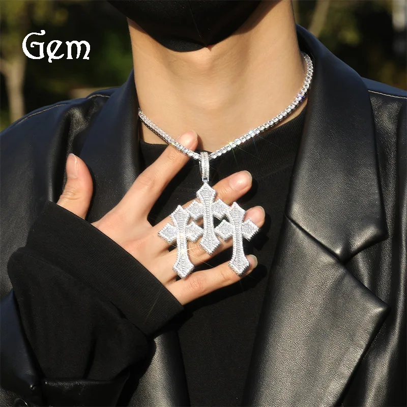Iced Out Luxury Baguette Zircon Inlaid Triple Cross Pendant Necklace For Men 3 Color 24 Inch Twisted Chain Hip Hop Jewelry Lucky