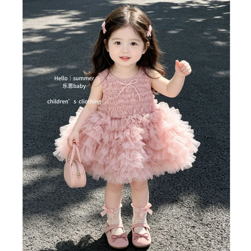 LeenbabyAbsolutely Beautiful！2026Girls' Summer Princess Cake Mesh Puffy Birthday Dress for Babies