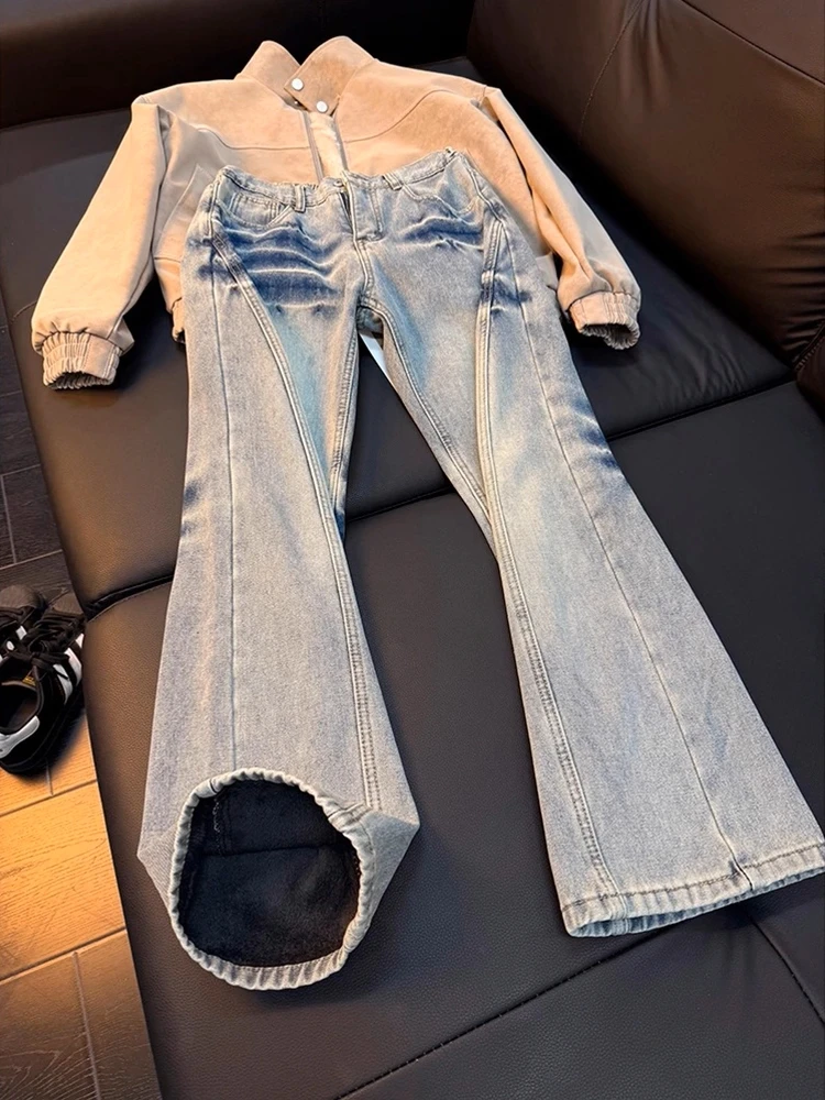 

Waed Blue Lightning Pattern Thiened Fce Straight Leg Jeans Men Autumn Winter High Street American Sle Bell Bot