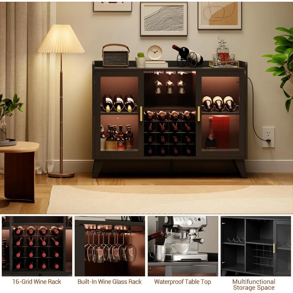 Contemporary LED-Illuminated Wine Buffet with Storage Racks and Glass Holders, Compact Home Coffee Bar with Whiskey Display
