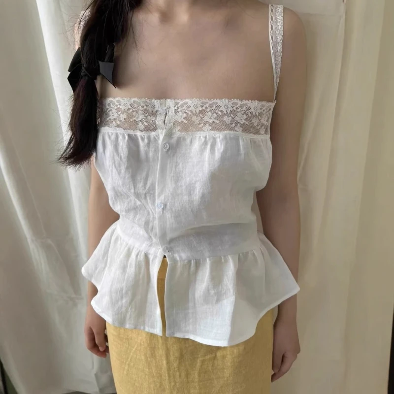 2026 Spring New Retro Style Cotton Splicing Lace Strap Small Fresh Outerwear Tank Top for Women