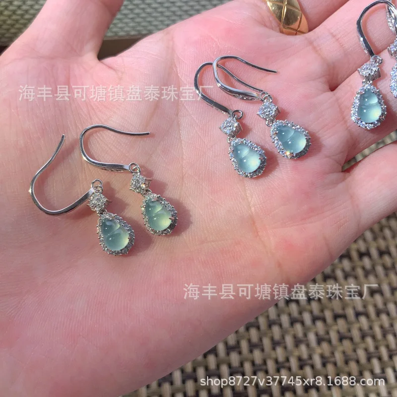 Factory Natural Dangerous Material Blue Jade Gourd National Trendy Style Earrings 925 Silver Inlaid