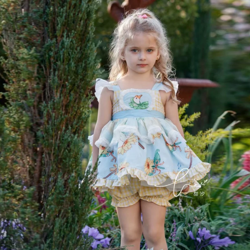 Handmade Big White Goose Girls' Summer Suspender Skirt Set Children's Girl Treasure Cute Cotton Lolita Top+Shorts 2pcs view 2