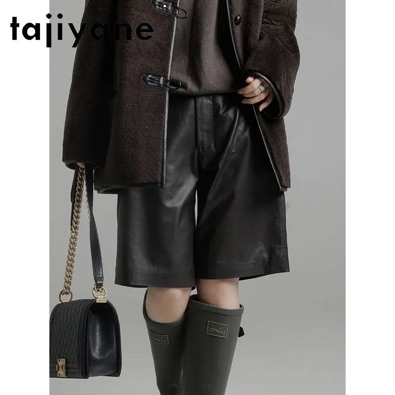 TAJIYANE Top Layer Cowhide Genuine Leather Shorts Baggy Straight Shorts for Woman Knee Length Midi Shorts Black Брюки Женские