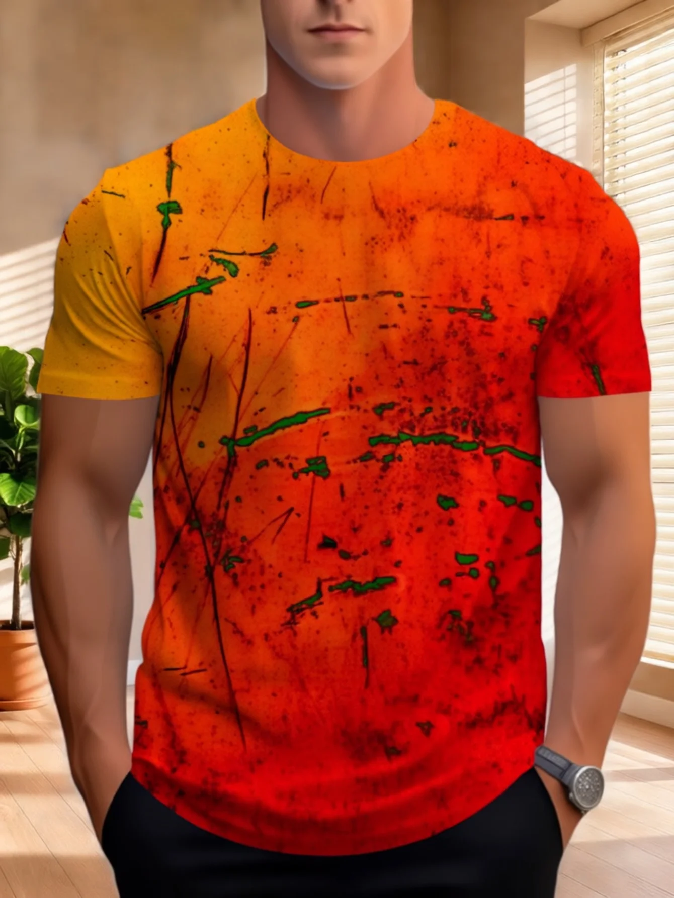 Men Orange Red Gradient Scratch Texture 3D Print T-shirt Crew Neck Short Sleeve Streetwear Casual Tee
