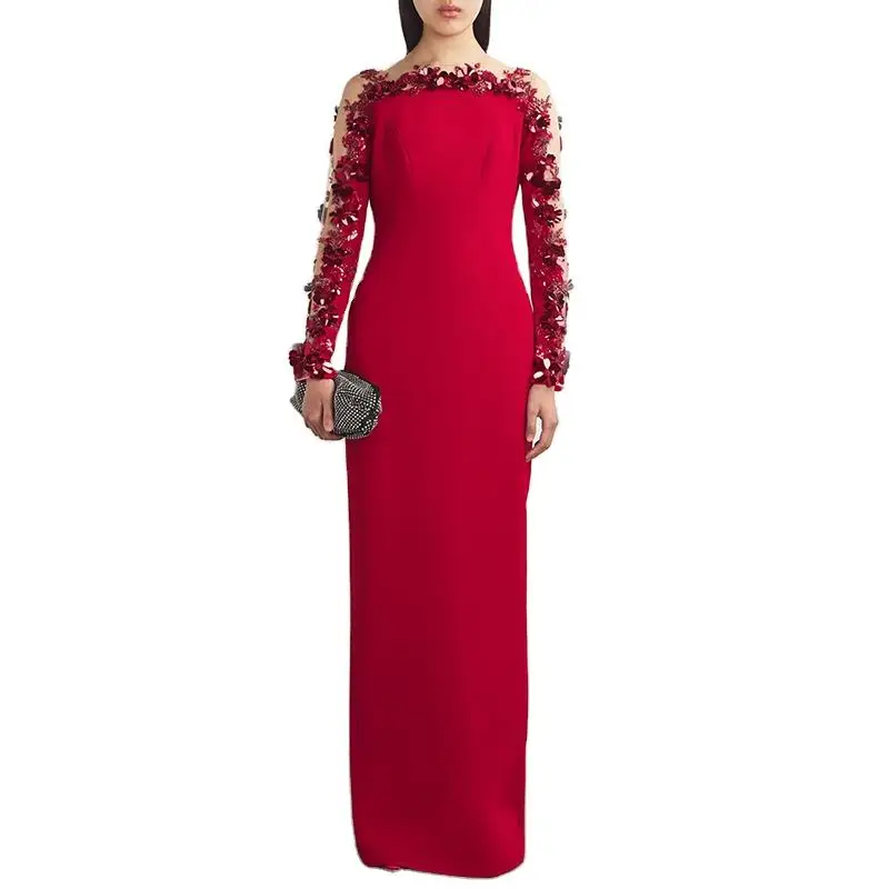 Exquisite Appliques Long Sleeve O-neck Evening Dresses Red Jersey Straight Floor Length Back Zipper Prom Gowns Customizd