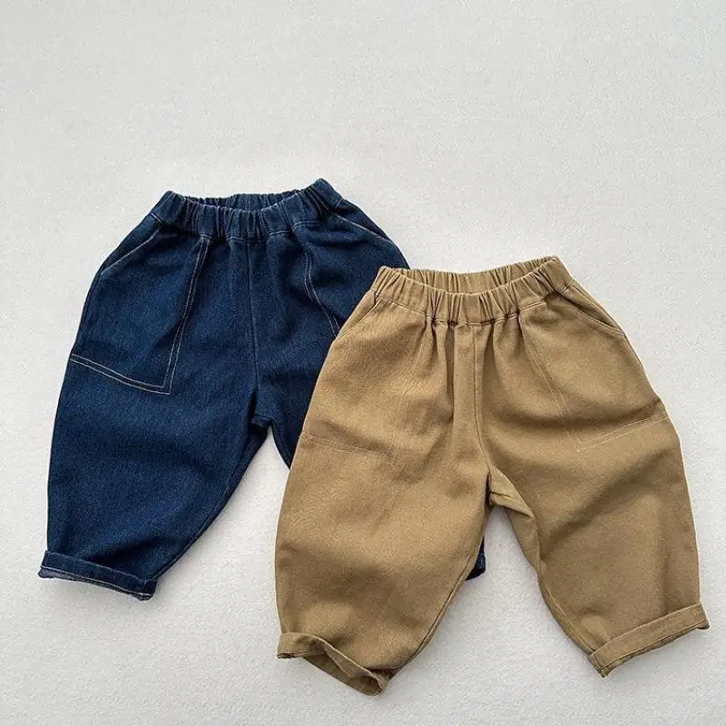 

2025 Autumn New Children Loose Denim Trousers Cotton Girls Solid Harem Pants Boys Casual Pants Kids Vintage Jeans Baby Clothes