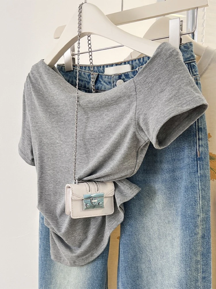 AOSSVIAO 2026 Summer Casual Versatile Fitted Slim Off Shoulder Stylish Top Trendy One Shoulder Short Sleeve Women's T-Shirt