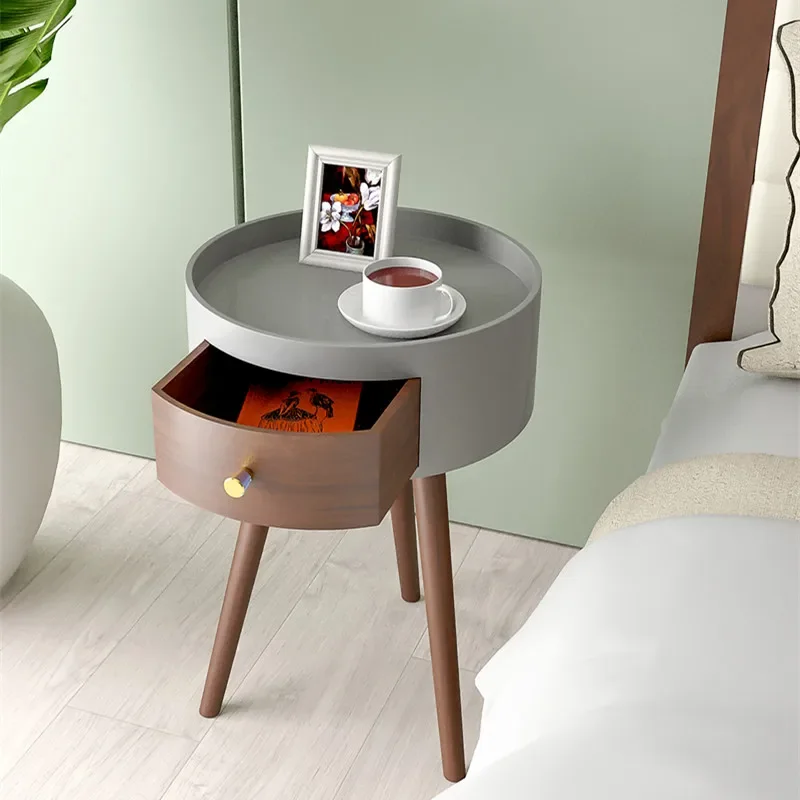 Nordic Style Nightstand, 3 Legs Wooden Bedside Table, Light Luxury Round Desk, Small Bedroom Coffee Lockers, Side Table