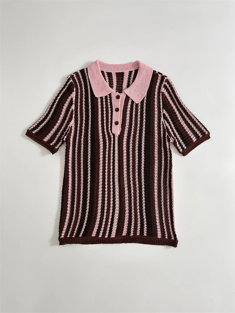 KEYANKETIAN صيف جديد المرأة عمودي مخطط قصير الأكمام محبوك قمة ريترو ستايل سليم رقيقة رفض طوق لينة البلوز #3