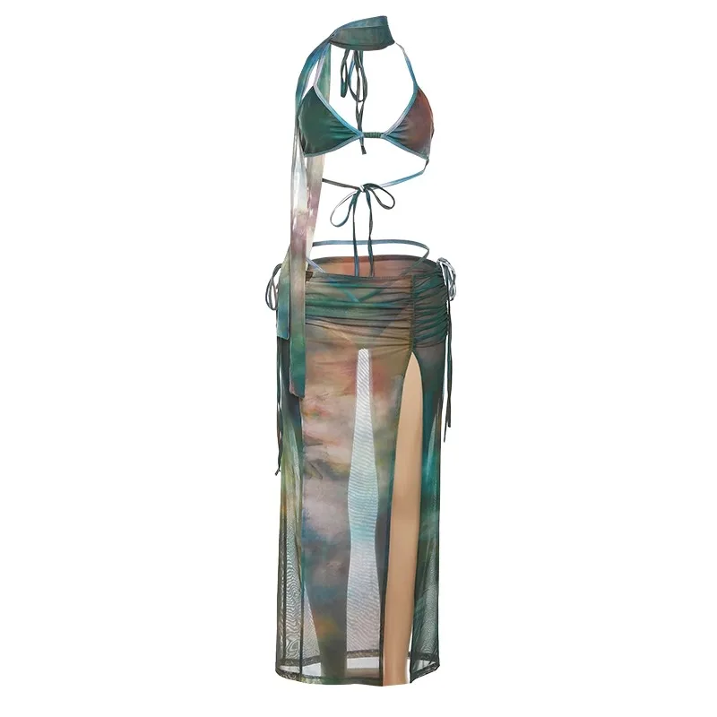 2024 Summer Kpop Fairycore All Match Bandage Tank Top Tie Dye Split Skirts   Drawstring Slim Sexy Sweet Bikini Set