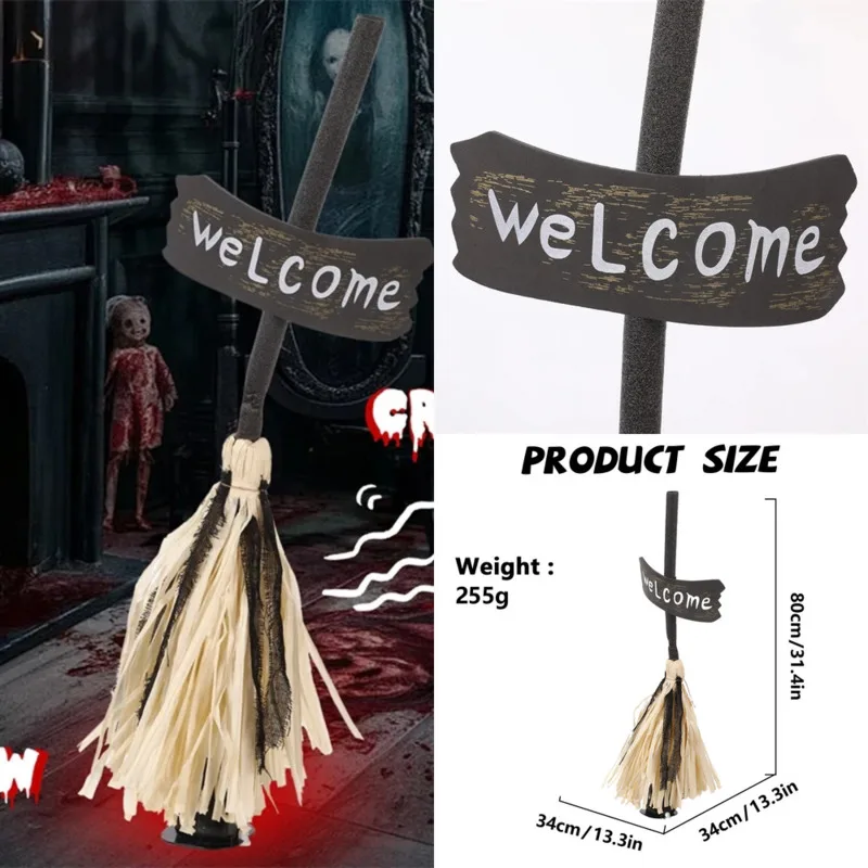 

Witch Broom Halloween Rustic Hay Welcome Sign Electric Broom Prop Scary Porch Decoration Outdoor Yard Garden Holiday Accessories