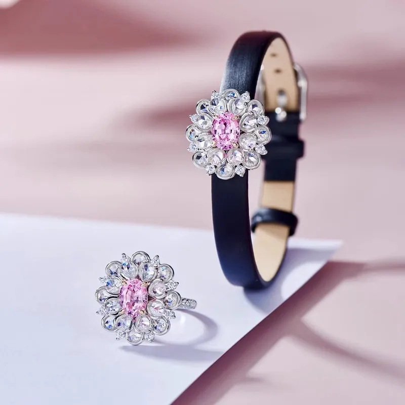Flower Wristband Silver Bracelet Women's Belt Watch Adjustable Pink Diamond Ring