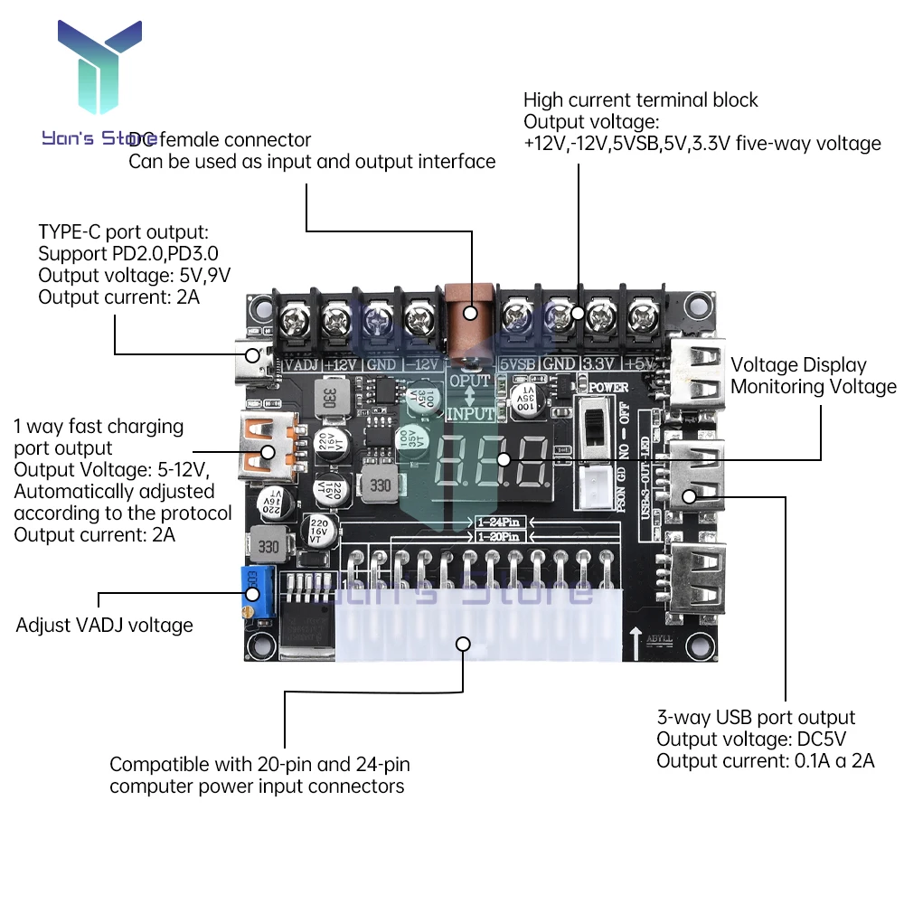 20/24Pin ATX Power Supply Breakout Board Adjustable Voltage With Digital Display Acrylic Case Kit Module Adapter Power Connector