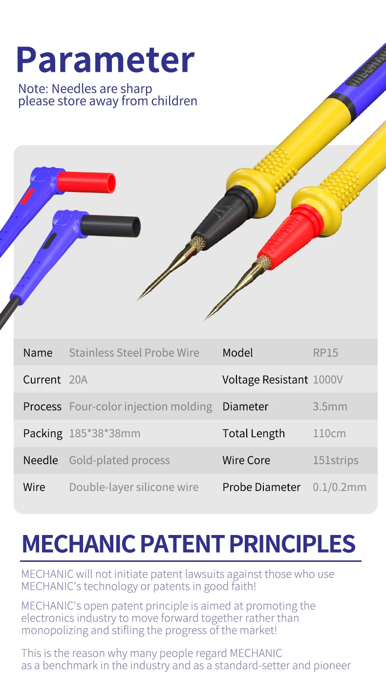 【MECHANIC】 RP15 1000V 20A Roestvrijstalen multimeter Pen Draad Verwisselbare punt Universele fijne puntnaald Zachte testsonde