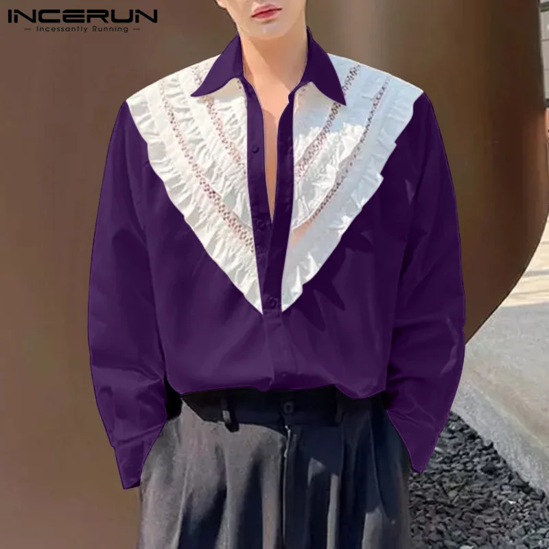 INCERUN All-match Long Sleeved Blouse Tops Korean Style Fashion Men's Spliced Ruffled Edge Hollowed Design Shirt Casual Clubwear