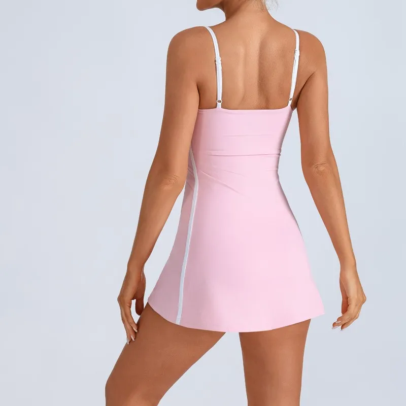 Elegant Women's Tennis Dress Summer Sleeveless Contrast Workout Yoga Dresses Build in Shorts Fashion Tight Fitting A-Line Skirts