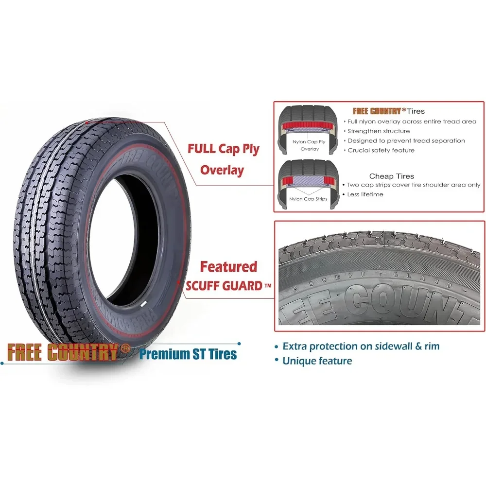 مجموعة ركوب جراند 4 إطارات مقطورة ST225/75R15 نطاق تحميل 10 طبقات E فولاذ بحزام شعاعي مع واقي جرجر مميز بعمق مداس 8 مم