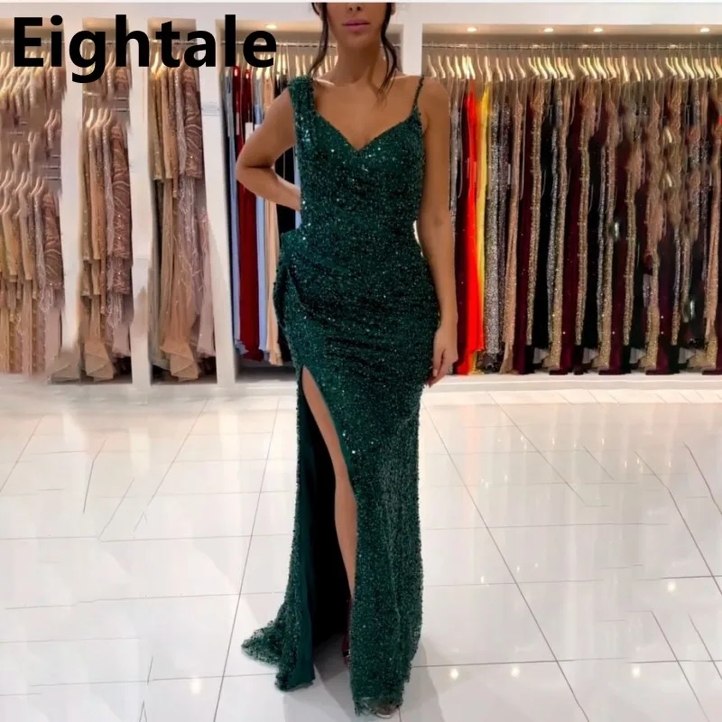 

Eightale 2025 Dark Green Mermaid Sequin Evening Dresses For Wedding Party Sexy Slit Prom Dress Dubai Party Gown