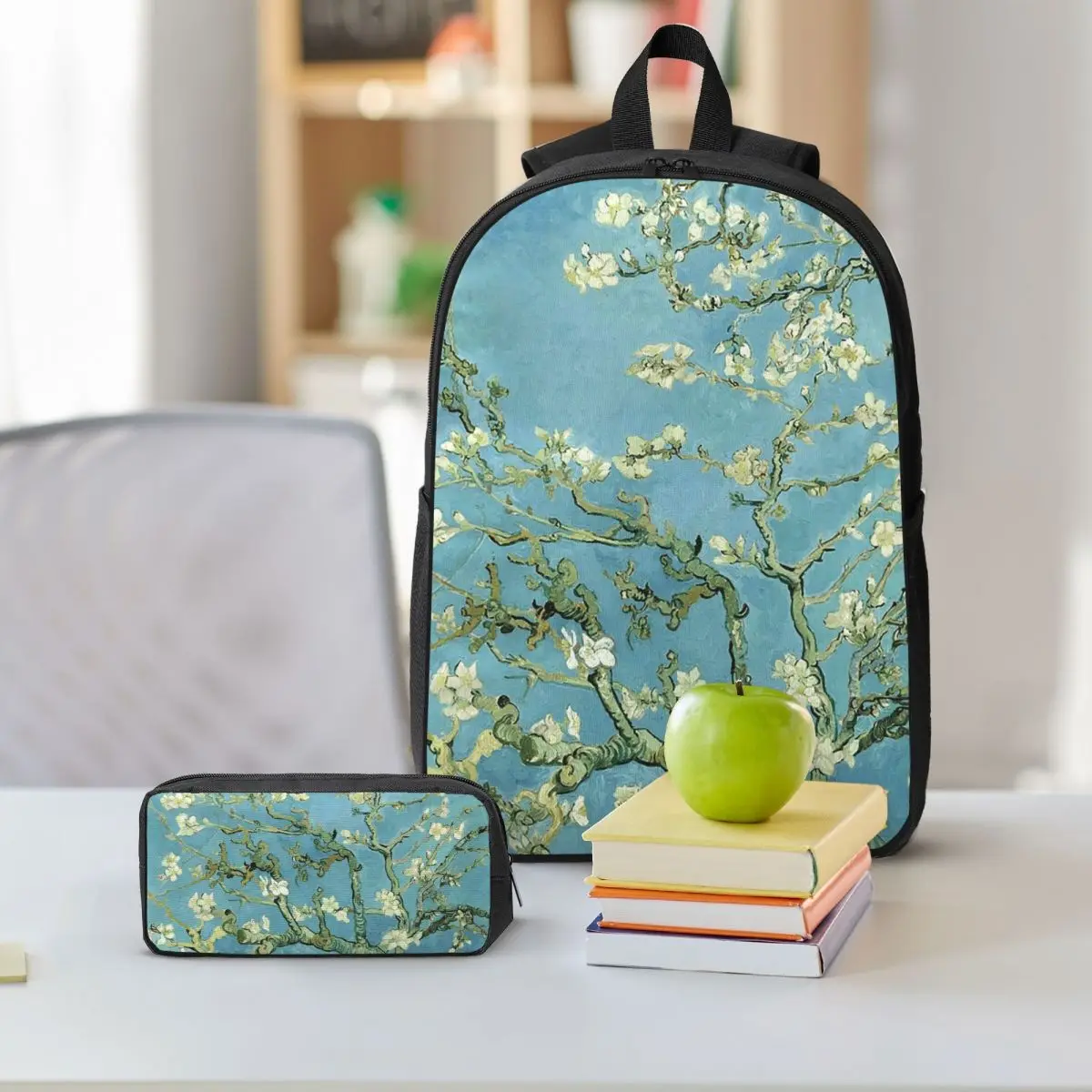 ゴッホのアーモンドの木バックパック 学生 男の子 女の子 ブックバッグ スクールバッグ コンピューターショルダーバッグ 3ps 保温ランチバッグ ペンケース